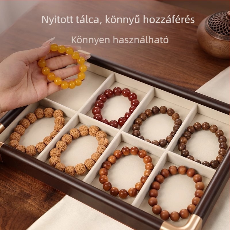 Fából készült ékszerkialakító tálca kilencmezős rácsban, 12 rekesz, tömörfa burkolattal, illesztett kivitelezés, elegáns megjelenés