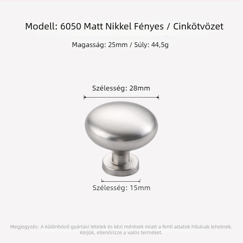Szekrényajtó fogantyú, kör-ovális formájú, egy lyukas, Nordic stílus, cinköntvény, matt nikkel felület, öntvény