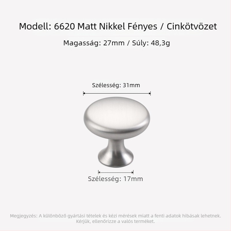 Szekrényajtó fogantyú, kör-ovális formájú, egy lyukas, Nordic stílus, cinköntvény, matt nikkel felület, öntvény