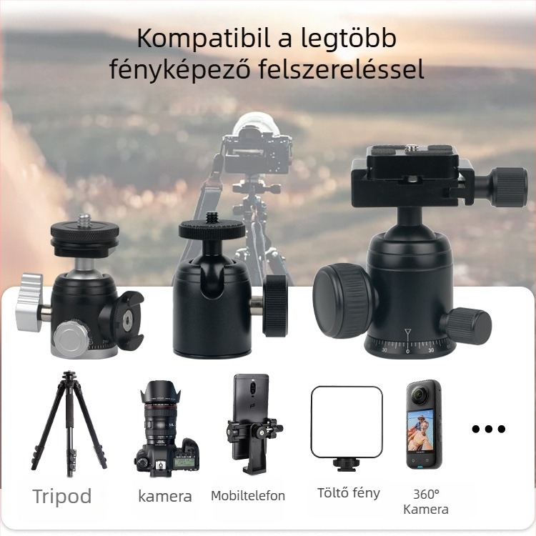 DSLR-kamera állványhoz készült alumínium‑ötvözet gömbfej, 360° vízszintes forgás, 90° függőleges forgás, csavaros rögzítés, tömeg 0,11 kg, Yajia kompatibilis