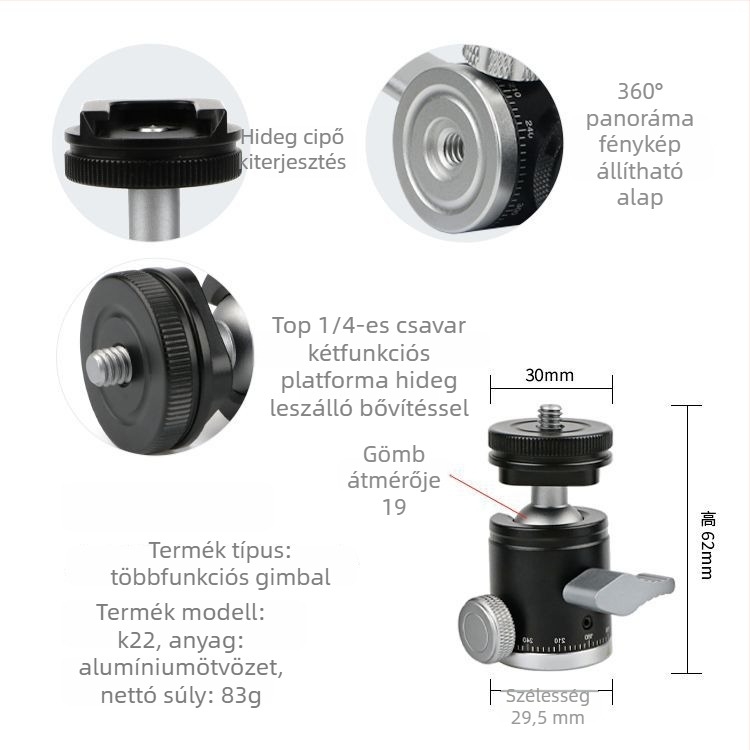 DSLR-kamera állványhoz készült alumínium‑ötvözet gömbfej, 360° vízszintes forgás, 90° függőleges forgás, csavaros rögzítés, tömeg 0,11 kg, Yajia kompatibilis