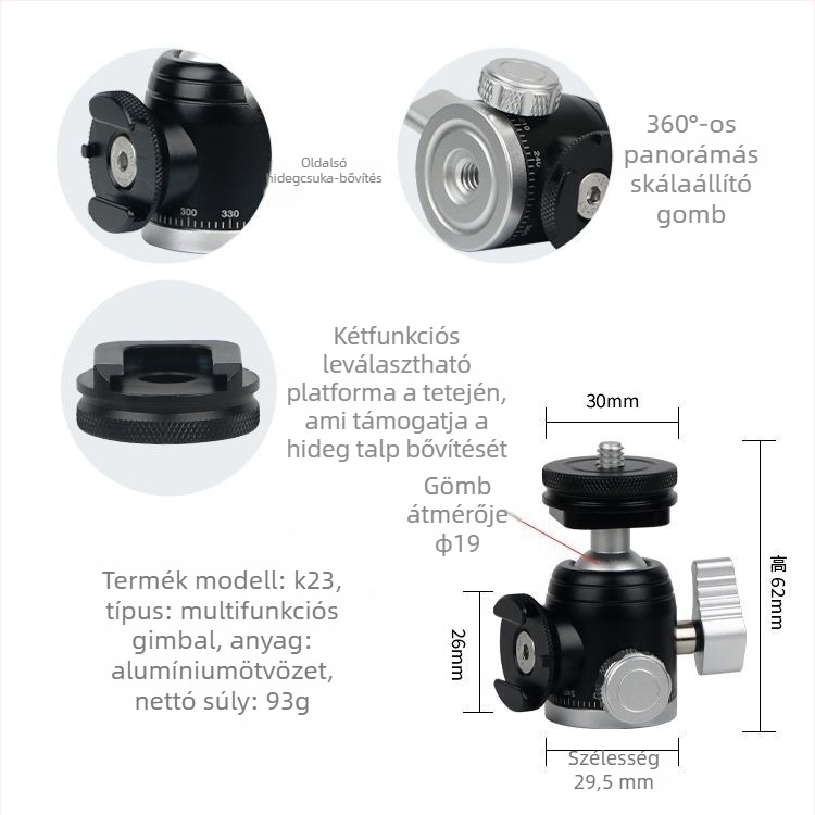 DSLR-kamera állványhoz készült alumínium‑ötvözet gömbfej, 360° vízszintes forgás, 90° függőleges forgás, csavaros rögzítés, tömeg 0,11 kg, Yajia kompatibilis
