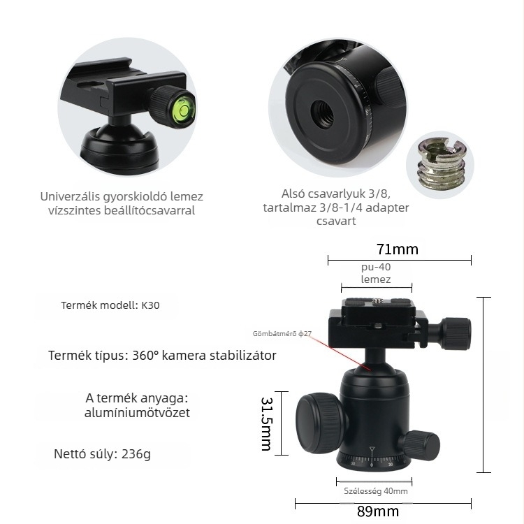 DSLR-kamera állványhoz készült alumínium‑ötvözet gömbfej, 360° vízszintes forgás, 90° függőleges forgás, csavaros rögzítés, tömeg 0,11 kg, Yajia kompatibilis