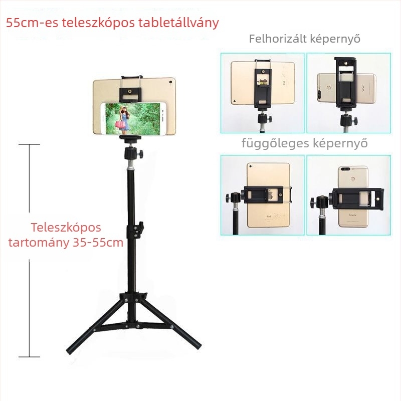 Padlón álló állvány telefonhoz és tabletthez – fémszerkezet, ágyban használható, élő közvetítésre, fényképezésre és videózásra