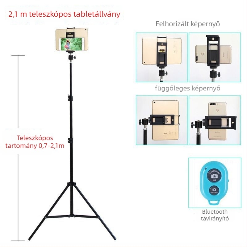 Padlón álló állvány telefonhoz és tabletthez – fémszerkezet, ágyban használható, élő közvetítésre, fényképezésre és videózásra
