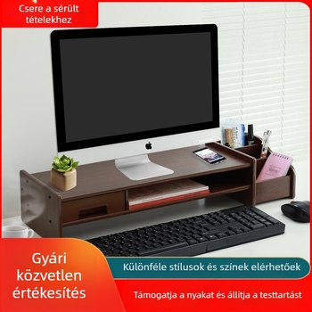 Fából készült számítógép-emelő állvány, 2 szint, fiókkal, mobil, csavaros rejtett szerelés