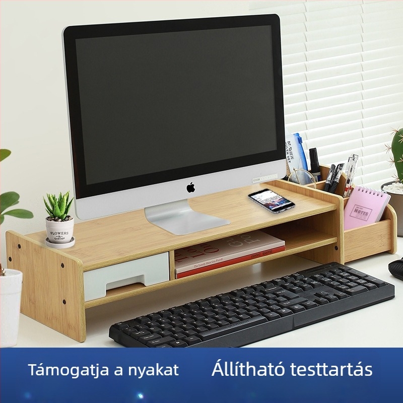 Fából készült számítógép-emelő állvány, 2 szint, fiókkal, mobil, csavaros rejtett szerelés