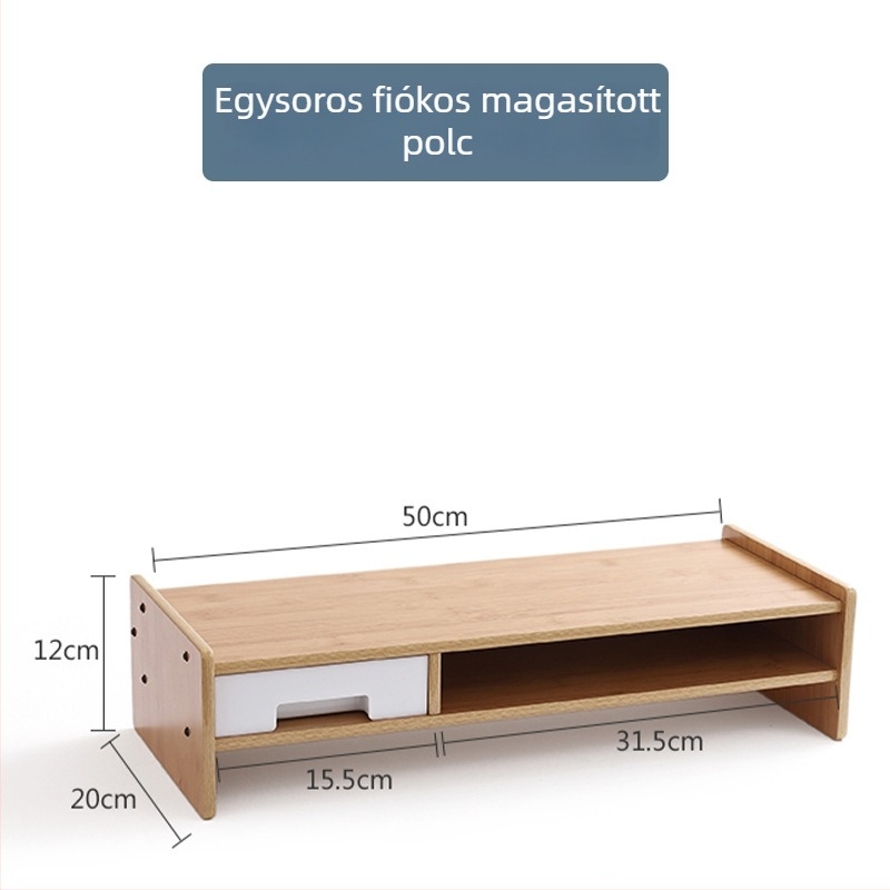 Fából készült számítógép-emelő állvány, 2 szint, fiókkal, mobil, csavaros rejtett szerelés