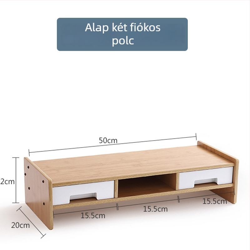Fából készült számítógép-emelő állvány, 2 szint, fiókkal, mobil, csavaros rejtett szerelés