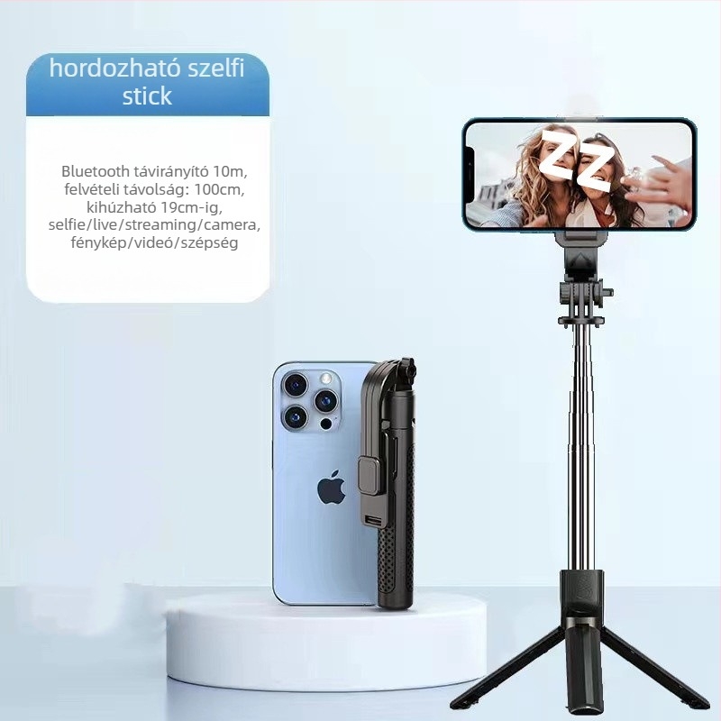 Kibővíthető mini selfie stick háromlábú állvánnyal mobiltelefonhoz, rozsdamentes acélból; távirányító nélkül, Bluetooth nélkül, világítás nélkül