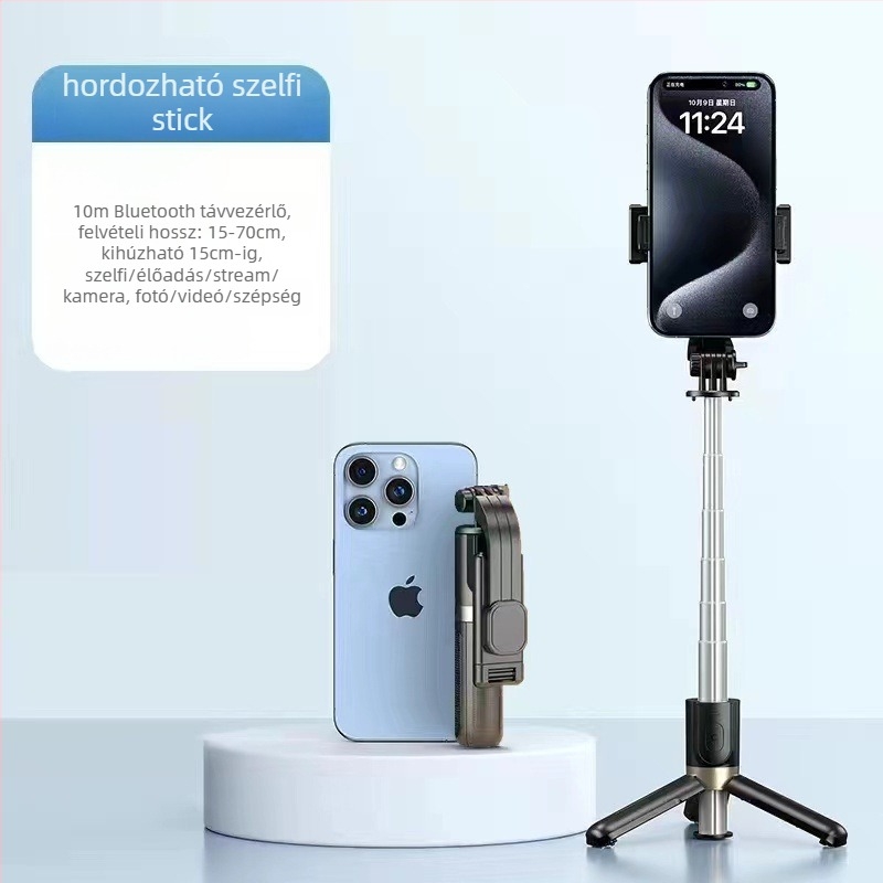 Kibővíthető mini selfie stick háromlábú állvánnyal mobiltelefonhoz, rozsdamentes acélból; távirányító nélkül, Bluetooth nélkül, világítás nélkül