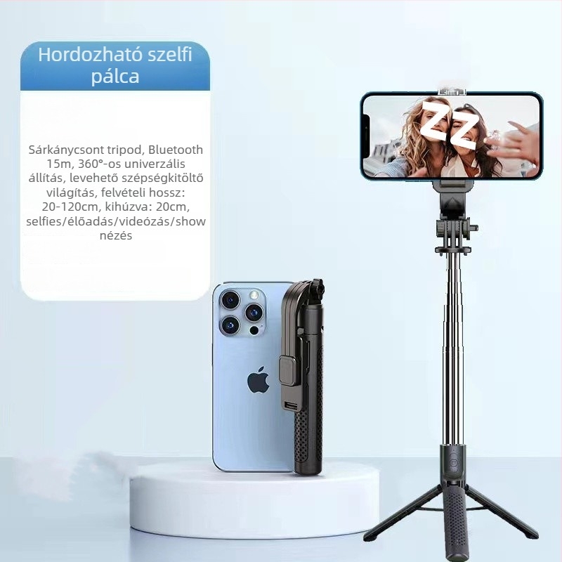 Kibővíthető mini selfie stick háromlábú állvánnyal mobiltelefonhoz, rozsdamentes acélból; távirányító nélkül, Bluetooth nélkül, világítás nélkül