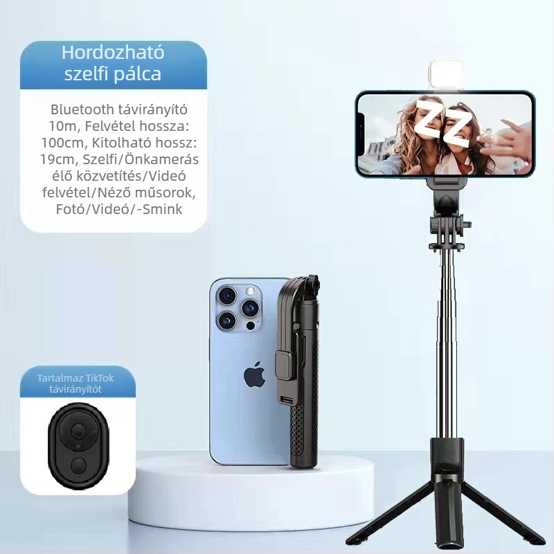 Kibővíthető mini selfie stick háromlábú állvánnyal mobiltelefonhoz, rozsdamentes acélból; távirányító nélkül, Bluetooth nélkül, világítás nélkül