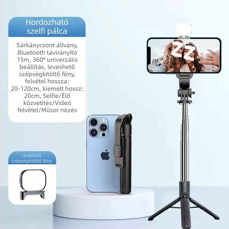 Kibővíthető mini selfie stick háromlábú állvánnyal mobiltelefonhoz, rozsdamentes acélból; távirányító nélkül, Bluetooth nélkül, világítás nélkül
