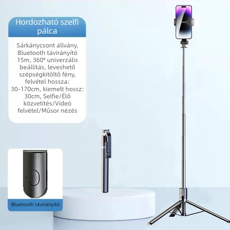 Kibővíthető mini selfie stick háromlábú állvánnyal mobiltelefonhoz, rozsdamentes acélból; távirányító nélkül, Bluetooth nélkül, világítás nélkül