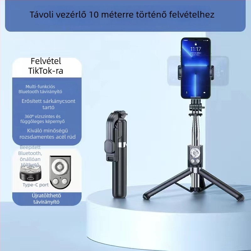 Kibővíthető mini selfie stick háromlábú állvánnyal mobiltelefonhoz, rozsdamentes acélból; távirányító nélkül, Bluetooth nélkül, világítás nélkül