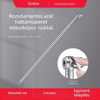 Hátteretartó állvány rozsdamentes acélból, teleszkópos rúddal, vízszintes rúddal és háromlábú alappal