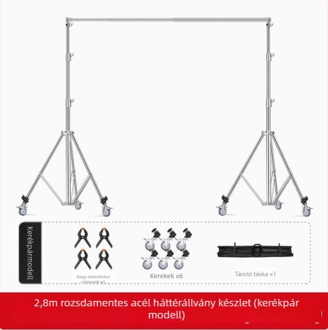 Hátteretartó állvány rozsdamentes acélból, teleszkópos rúddal, vízszintes rúddal és háromlábú alappal
