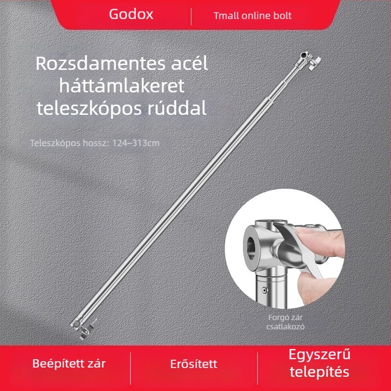 Hátteretartó állvány rozsdamentes acélból, teleszkópos rúddal, vízszintes rúddal és háromlábú alappal