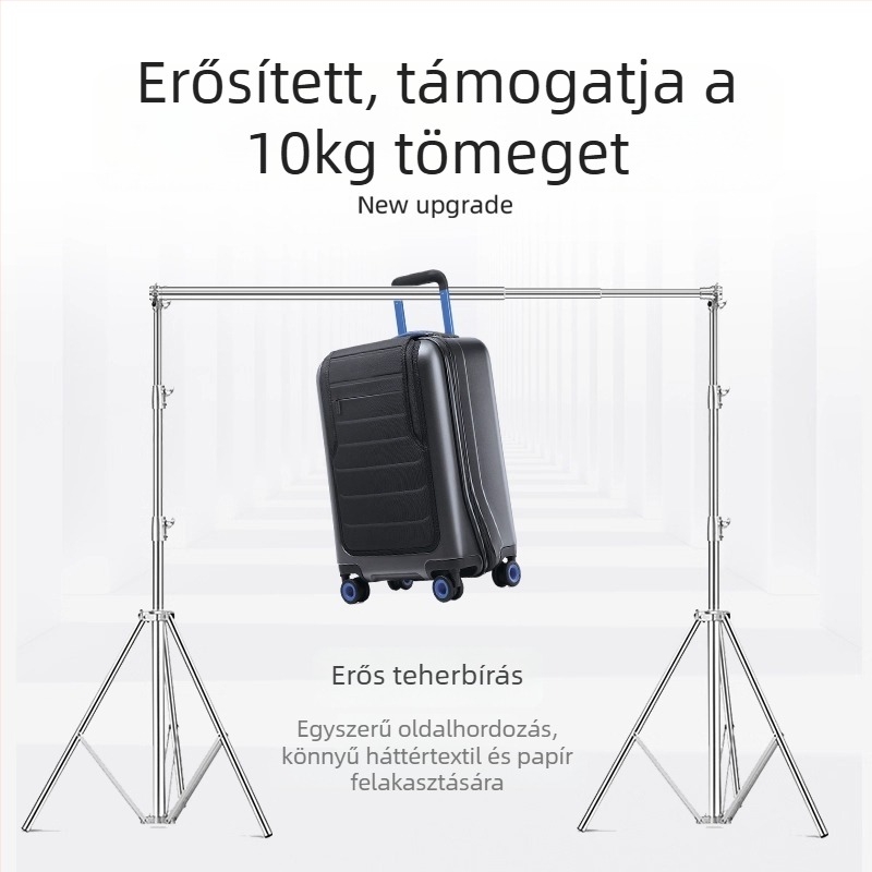 Hátteretartó állvány rozsdamentes acélból, teleszkópos rúddal, vízszintes rúddal és háromlábú alappal