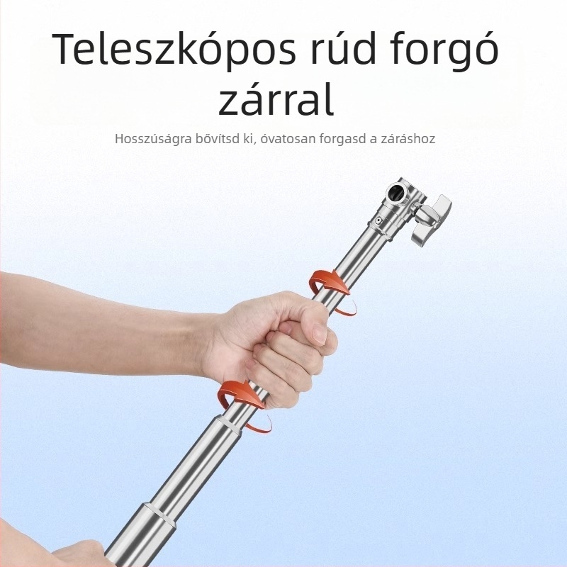Hátteretartó állvány rozsdamentes acélból, teleszkópos rúddal, vízszintes rúddal és háromlábú alappal