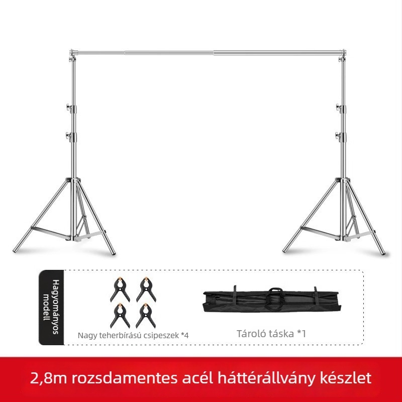 Hátteretartó állvány rozsdamentes acélból, teleszkópos rúddal, vízszintes rúddal és háromlábú alappal