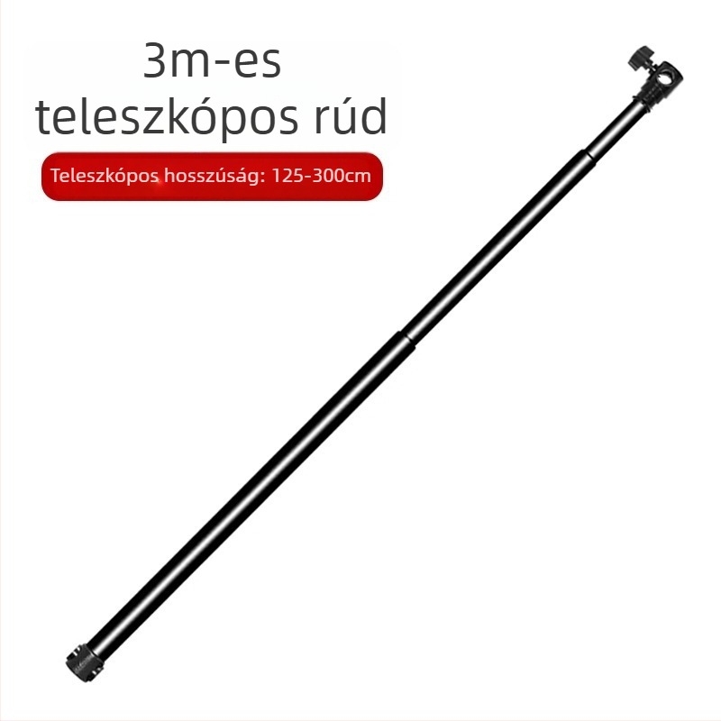 Hátteretartó állvány rozsdamentes acélból, teleszkópos rúddal, vízszintes rúddal és háromlábú alappal