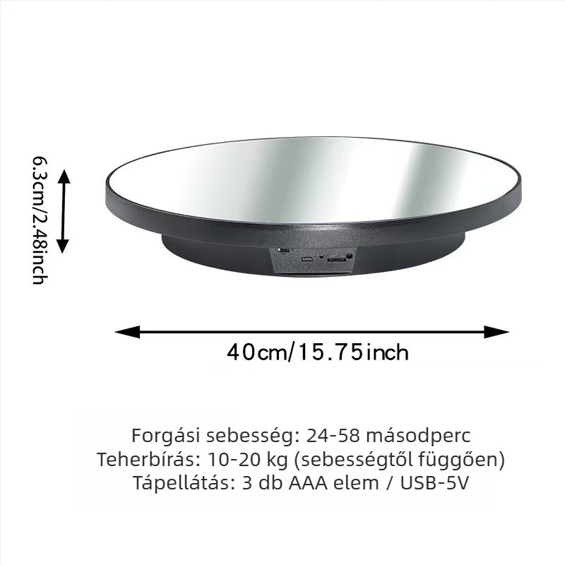 Tükrös forgó kiállítóállvány ékszerekhez, 40 cm, 25 cm modell forgó alap
