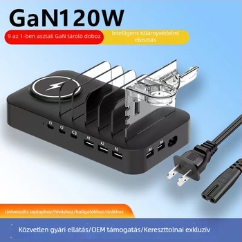 Asztali GaN töltő 120W, kilenc‑az‑egyben, mágneses töltés, 3A kimenet, portonként max 22,5W