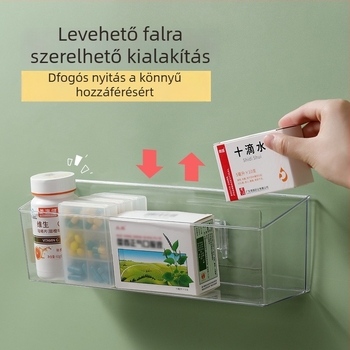 Gyógyszer-tároló doboz, falra szerelhető, fúrás nélküli szekrény, többrétegű átlátszó kialakítás, PET anyag, nagy kapacitás