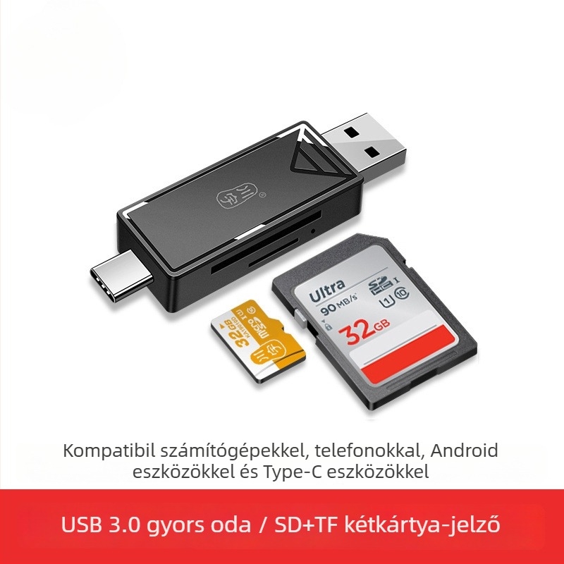 OTG Kártyaolvasó USB 3.0 gyors átvitellel, Type-C és USB 2.0 interfészek, TF kártya támogatás