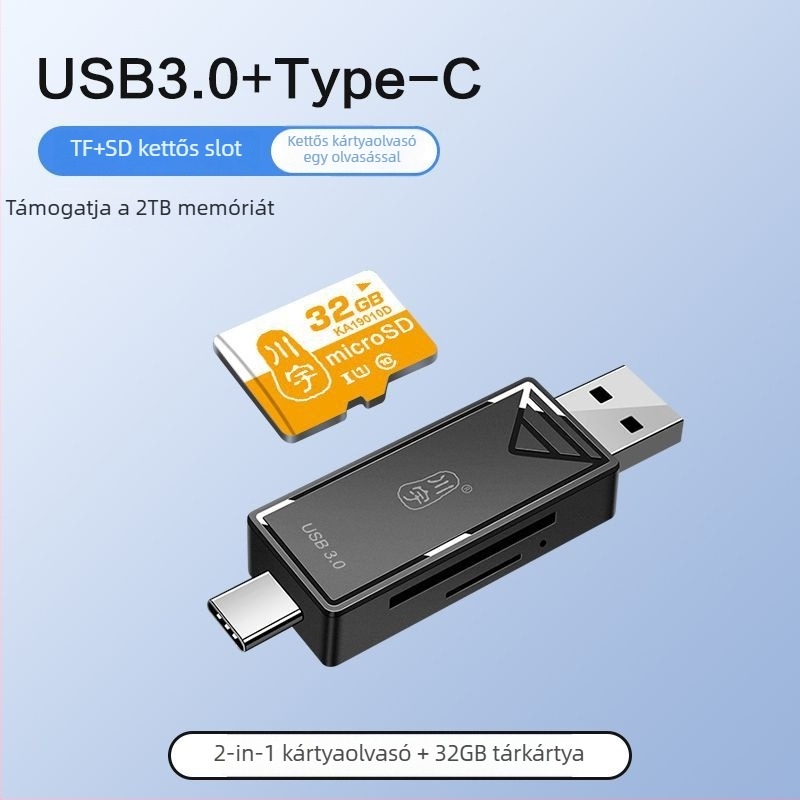 OTG Kártyaolvasó USB 3.0 gyors átvitellel, Type-C és USB 2.0 interfészek, TF kártya támogatás