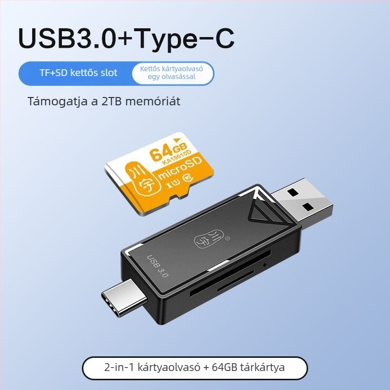 OTG Kártyaolvasó USB 3.0 gyors átvitellel, Type-C és USB 2.0 interfészek, TF kártya támogatás