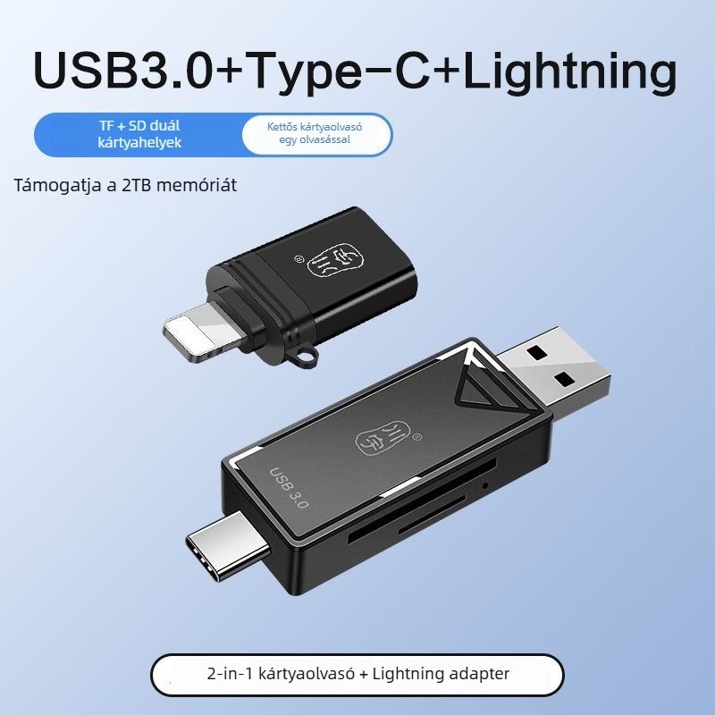 OTG Kártyaolvasó USB 3.0 gyors átvitellel, Type-C és USB 2.0 interfészek, TF kártya támogatás