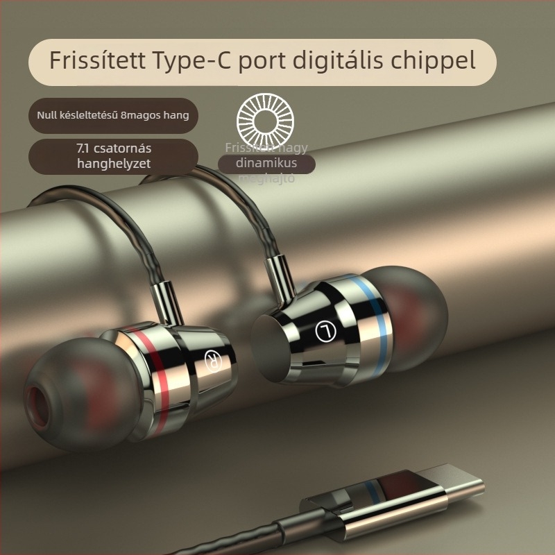 Type-C csatlakozós fülhallgató, vezetékes, 1,2 m hosszú kábel, erős basszus, zajszűrés, modell F5-11