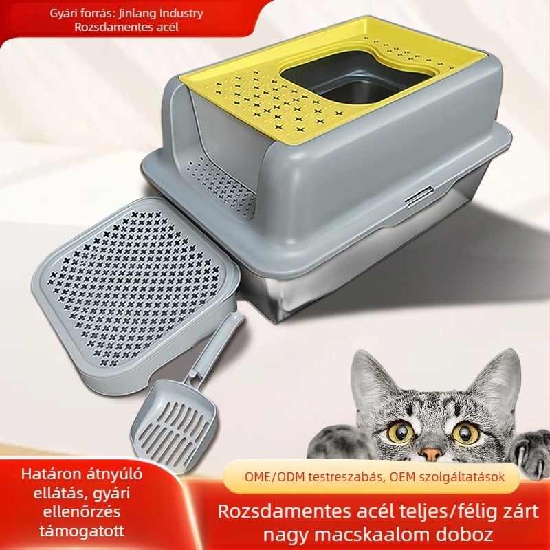 Rozsdamentes acélból készült moduláris macskaalmotál, teljesen zárható, fröccsenés elleni, extránagy méretű, félig zárt kialakítás