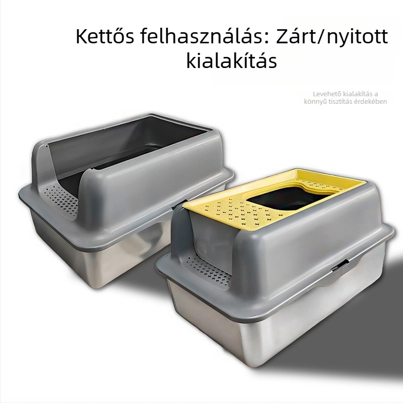 Rozsdamentes acélból készült moduláris macskaalmotál, teljesen zárható, fröccsenés elleni, extránagy méretű, félig zárt kialakítás