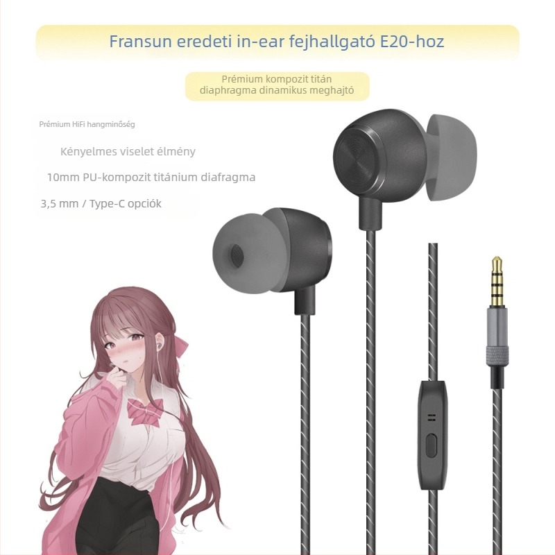 FRANSUN In-Ear vezetékes fejhallgató mikrofonnal, 3,5 mm egyenes csatlakozó, 1,2 m kábel, 10 mm meghajtó