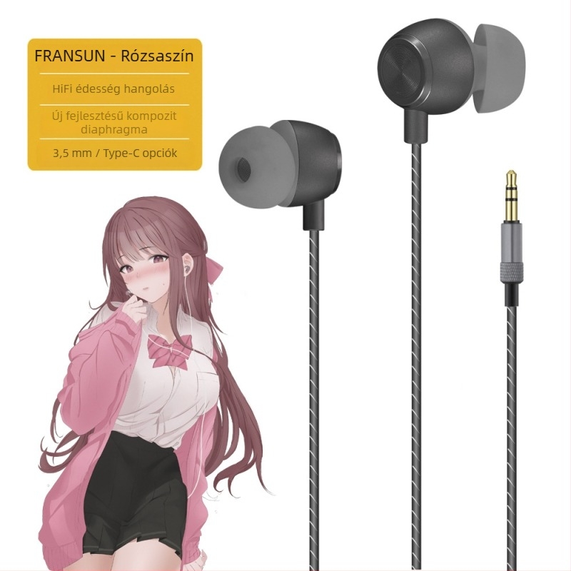 FRANSUN In-Ear vezetékes fejhallgató mikrofonnal, 3,5 mm egyenes csatlakozó, 1,2 m kábel, 10 mm meghajtó