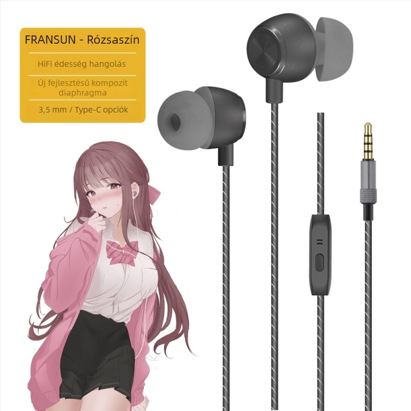FRANSUN In-Ear vezetékes fejhallgató mikrofonnal, 3,5 mm egyenes csatlakozó, 1,2 m kábel, 10 mm meghajtó