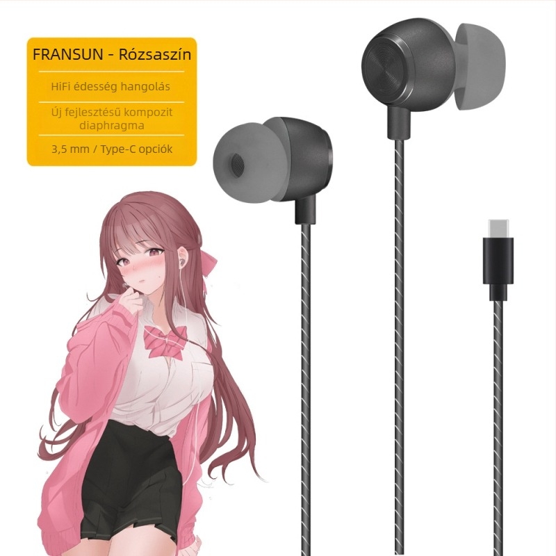 FRANSUN In-Ear vezetékes fejhallgató mikrofonnal, 3,5 mm egyenes csatlakozó, 1,2 m kábel, 10 mm meghajtó