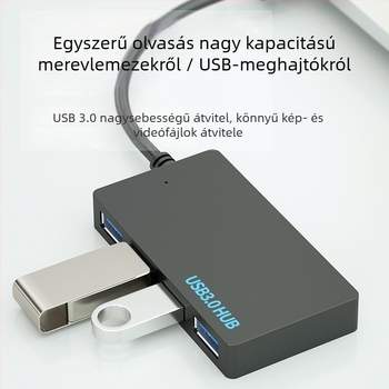 USB 3.0 hub, 4 porttal, 1–4-es kiterjesztés, USB-ről táplált, 10 cm kábel, 5DBps átviteli sebesség