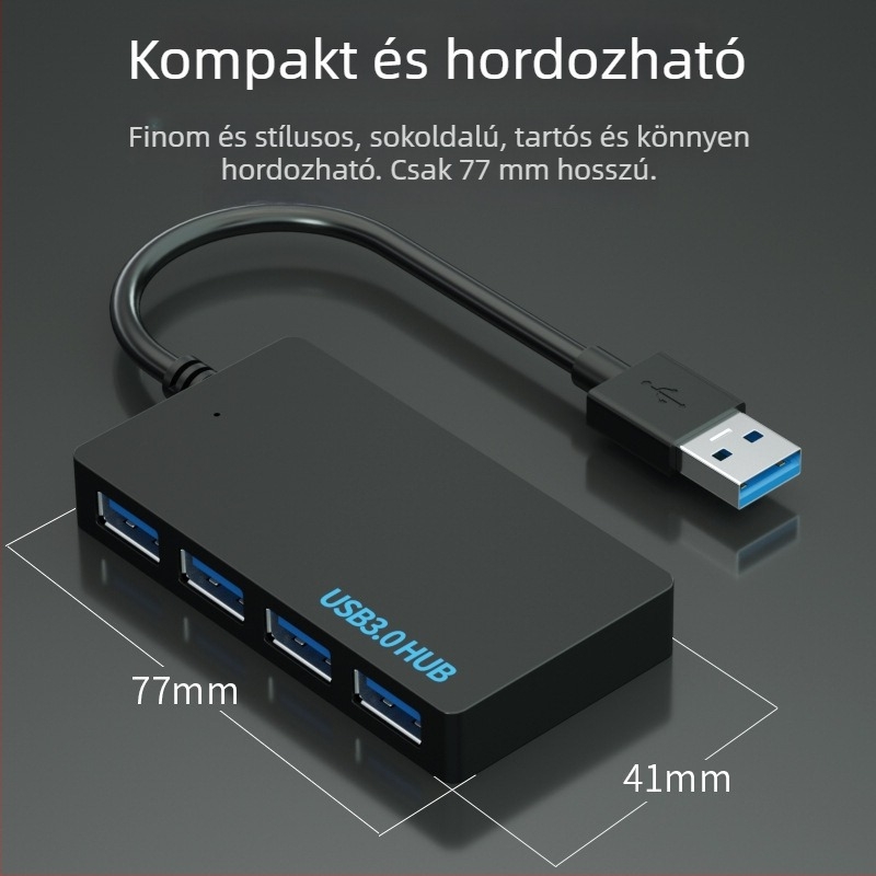 USB 3.0 hub, 4 porttal, 1–4-es kiterjesztés, USB-ről táplált, 10 cm kábel, 5DBps átviteli sebesség