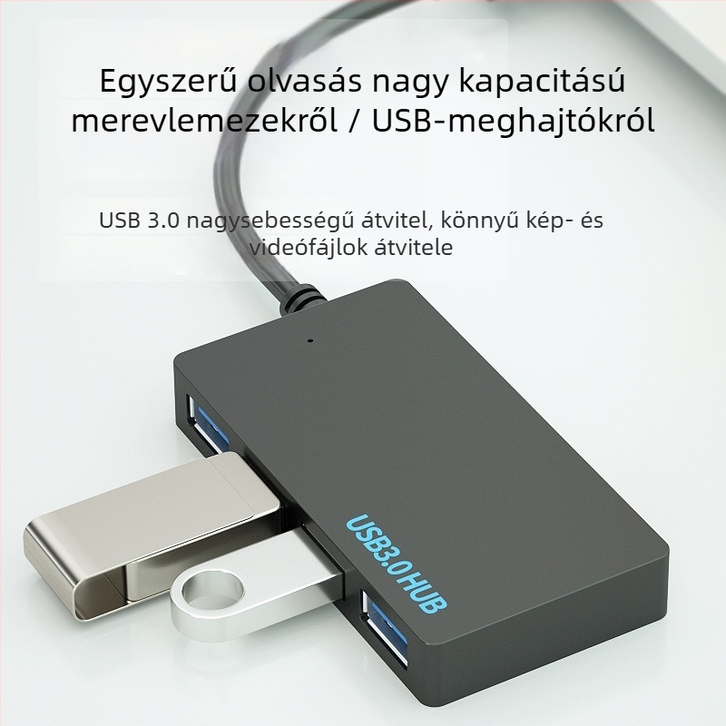 USB 3.0 hub, 4 porttal, 1–4-es kiterjesztés, USB-ről táplált, 10 cm kábel, 5DBps átviteli sebesség