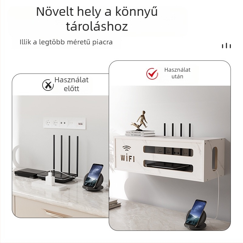 Fali router-tároló doboz, falra szerelhető, rattan fonott anyag, modern minimalista stílus, porvédő szervező, bevezetés 2016 nyár