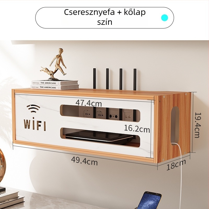 Fali router-tároló doboz, falra szerelhető, rattan fonott anyag, modern minimalista stílus, porvédő szervező, bevezetés 2016 nyár