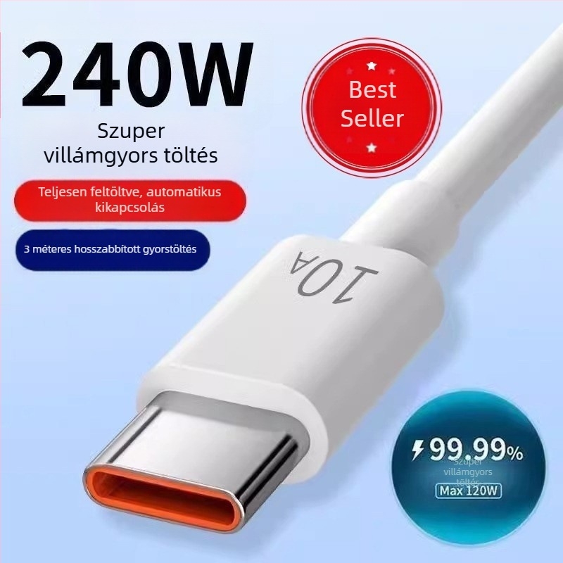 Androidhoz Type-C gyors töltésű adatkábel, 1–2 m, max. 10A, TPE anyag, fehér