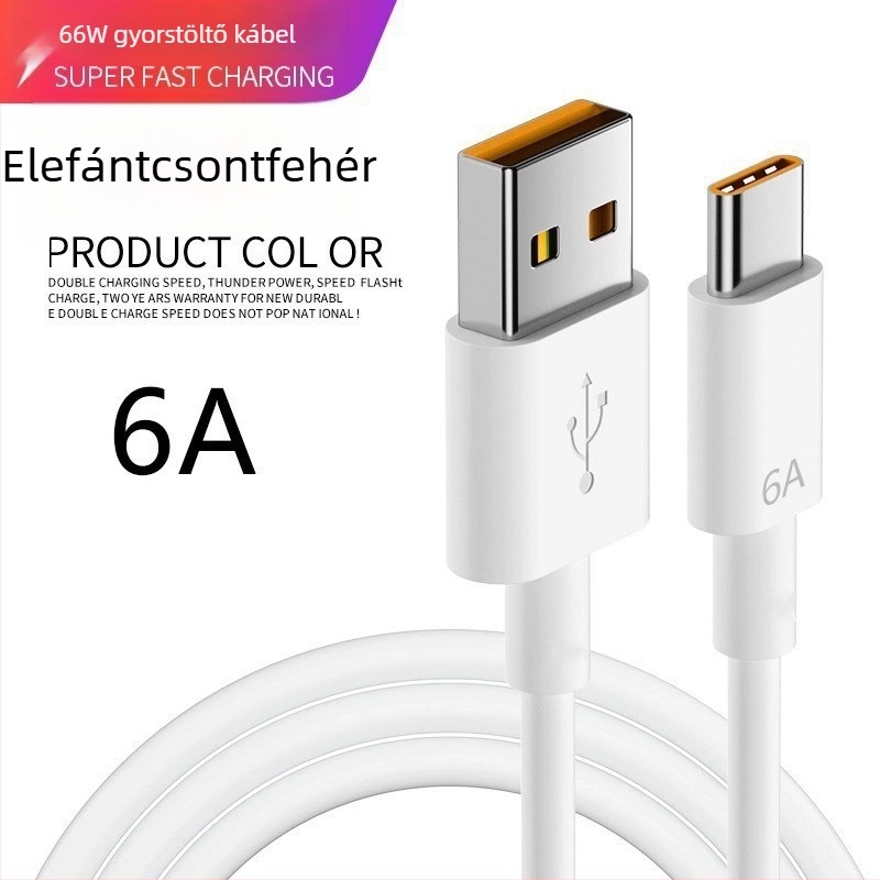 Androidhoz Type-C gyors töltésű adatkábel, 1–2 m, max. 10A, TPE anyag, fehér