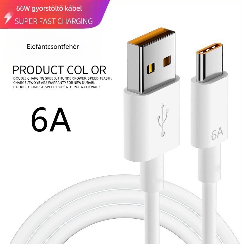 Androidhoz Type-C gyors töltésű adatkábel, 1–2 m, max. 10A, TPE anyag, fehér