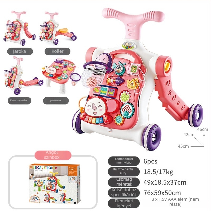 5‑in‑1 multifunkciós babasétáló játék, műanyag kivitel, 0–3 évesek számára